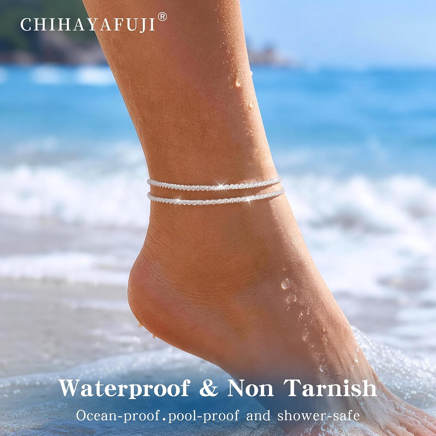 Sterling Silver Ankle Bracelets for Women 14K Gold Plated Waterproof Layered Sparkly Chain Rhinestone Stackable Large Adjustable Anklet Bracelet for Beach Summer Jewelry Gift
